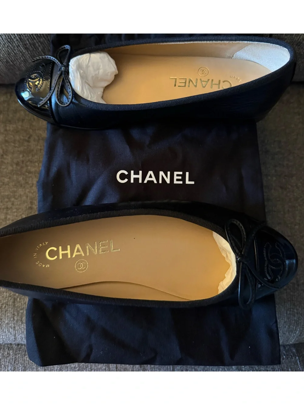 Chanel Classic Black Patent Cap-Toe Ballet Flats 36